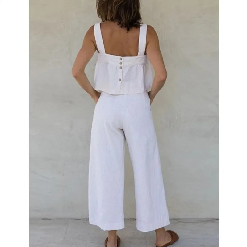 New Womens Solid Color Cotton Linen Summer 2 Piece Sets Sleeveless Tank Top Wide Leg Pants Two Piece Suit Casual Female Outfits 250414
