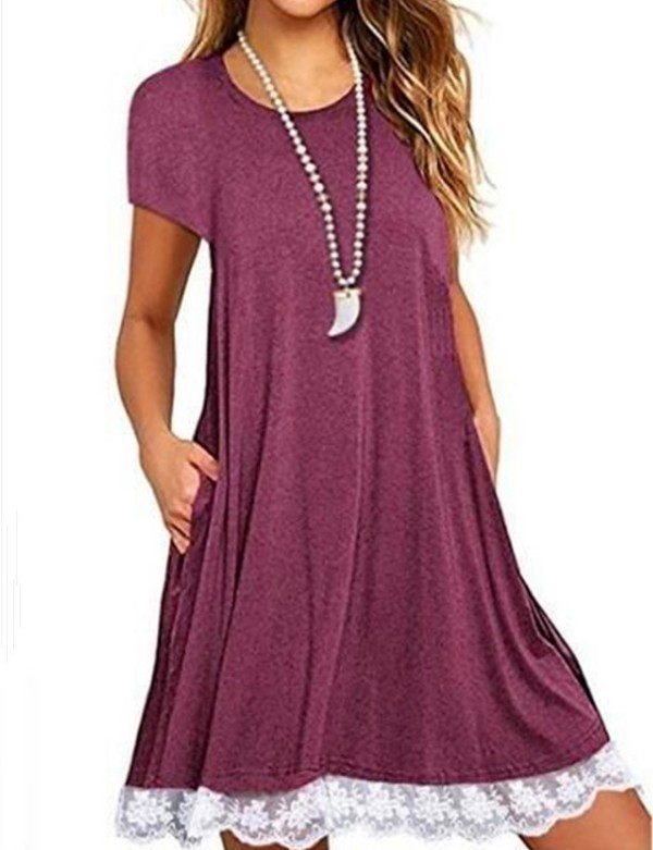 X411Chic Plus Size Women's Dress with Lace Hem and Round Neck - Short Sleeved Fashion