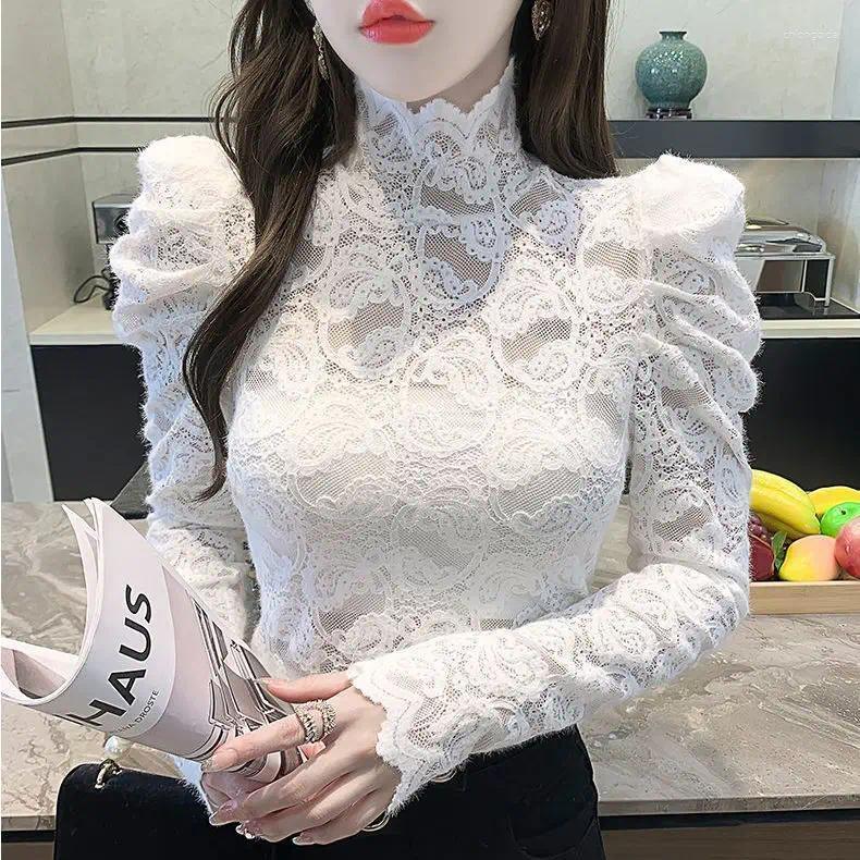 Women's Blouses 2025 Autumn Turtleneck Lace Blouse French Style Inner Wear Bubble Sleeves Temperament Long Sleeve Slim Fit Top