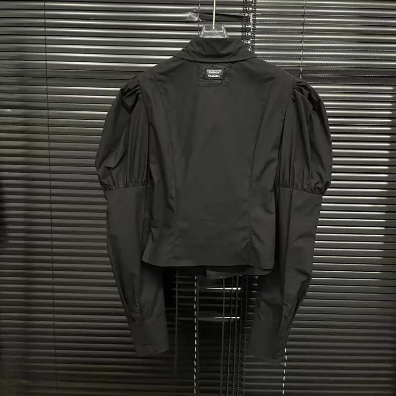 DEAT Fashion Women's Bandage Design Lantern Sleeves Blouse Solid Color Casual Lapel Short Shirts Female Trend New Items 11A02967