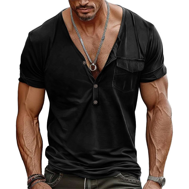 2024 mens plus size summer casual buckle slim fit short sleeved T-shirt Henry V-neck pocket top