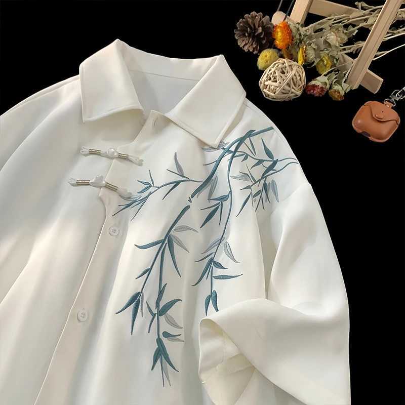 2024 Mens Short sleeved Embroidered Shirt Asian Style Trend White Black Shirt Summer Casual Button Down Shirt W250414