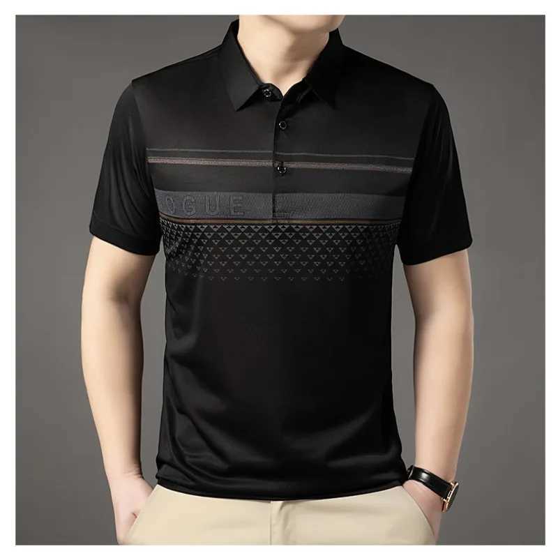 Summer Mens New Polo Neck Ice Silk Loose Breathable Short Sleeve Polo Pulling Flower Triple Stripe Letter Casual Top W250414