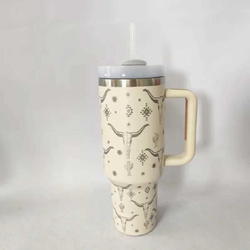 1PC Water Tumbler Cow Head Print 40oz Second Generation 304 Stainless Steel Double Insulation Handle Cup Car Cup Ice Bully Cup C251114