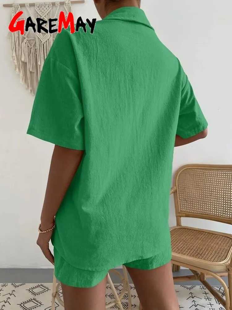 Womens cotton set shorts Sve casual Ele Green Soild two-piece set womens set womens setXJ250414