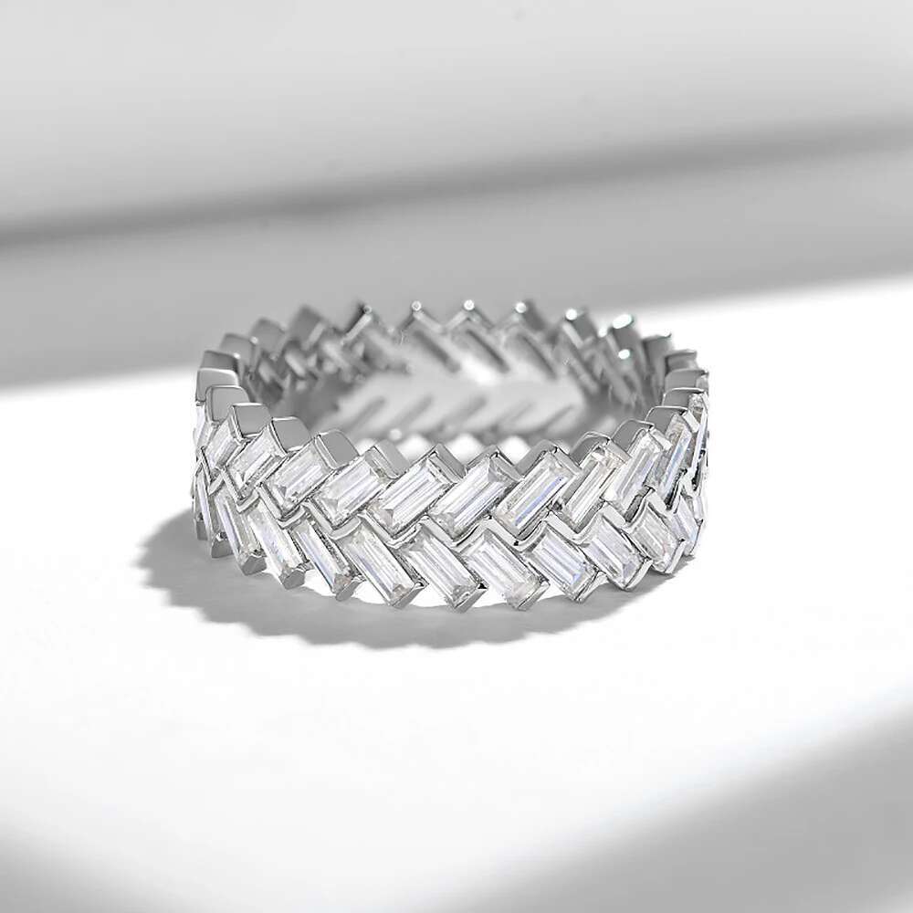 2-Row Baguette Full Moissanite Diamond Eternity Band for Women 925 Sterling Silver Herringbone Cut Wedding Ring Stackable Band