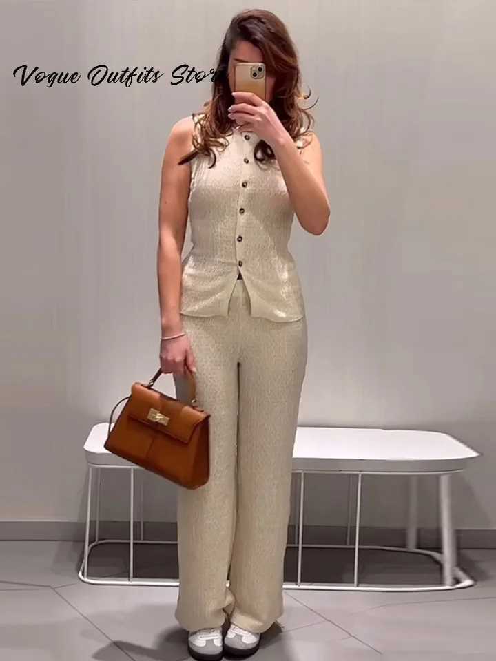 Ele pleated womens pants set V-neck single chest slim fit top waist wide leg pants 2025 spring new fashionable womens setXJ250414