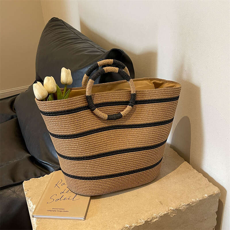 Handmade Beach Bag Circular Handheld Large Capacity New Striped Tote Grass Woven Seaside Vacation Beach Women's Bag Kq2