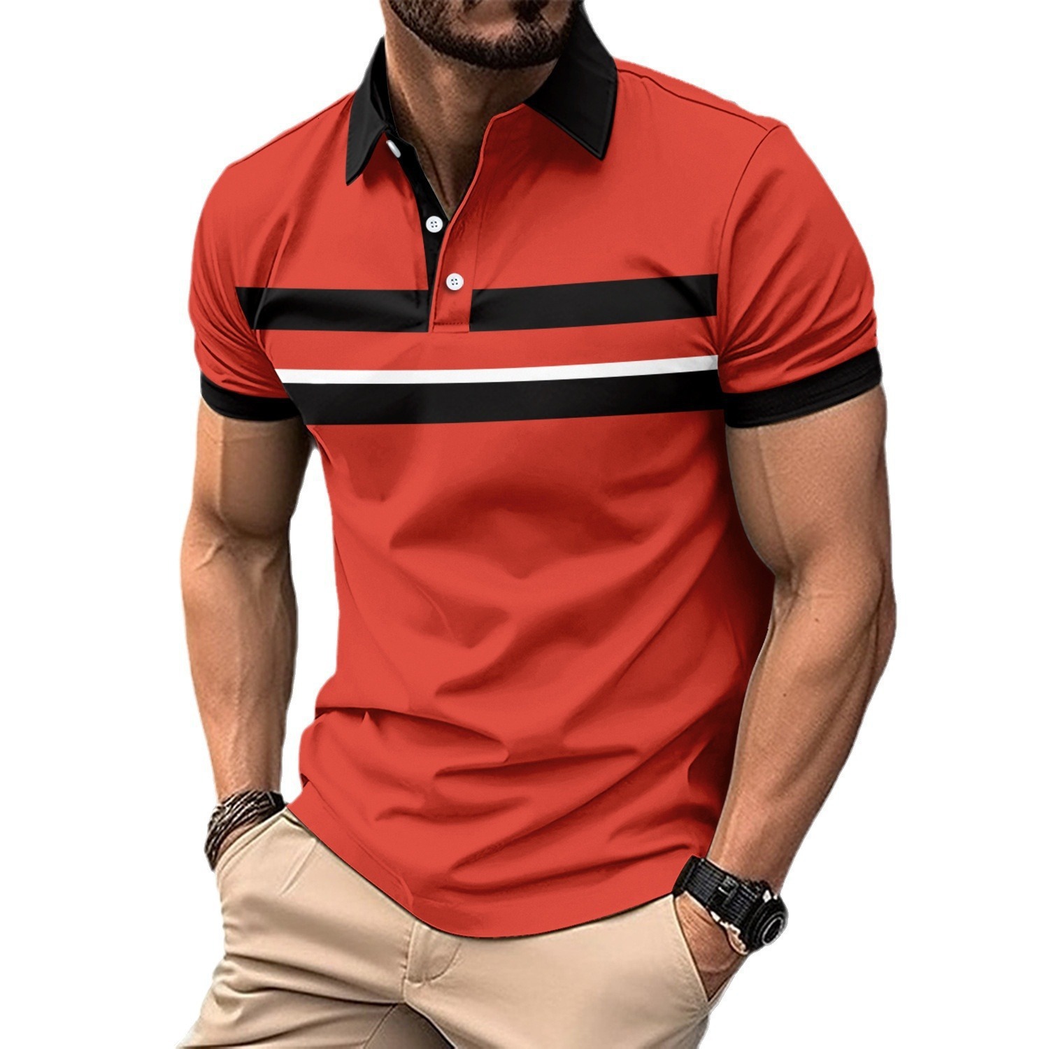 New polo shirt, short sleeved T-shirt, men's bird eye cloth, lapel button, digital printed versatile top