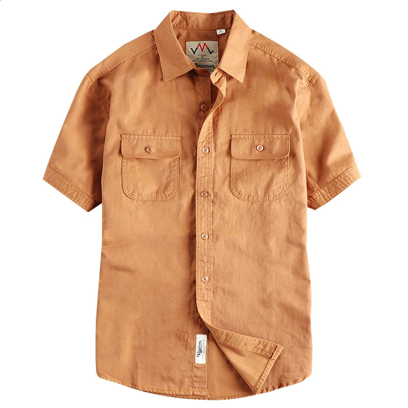 2024 Summer American Retro Short Sleeve Collar Cargo Shirt Mens Simple 100 Cotton Laundry Double Pocket Casual Top 250411