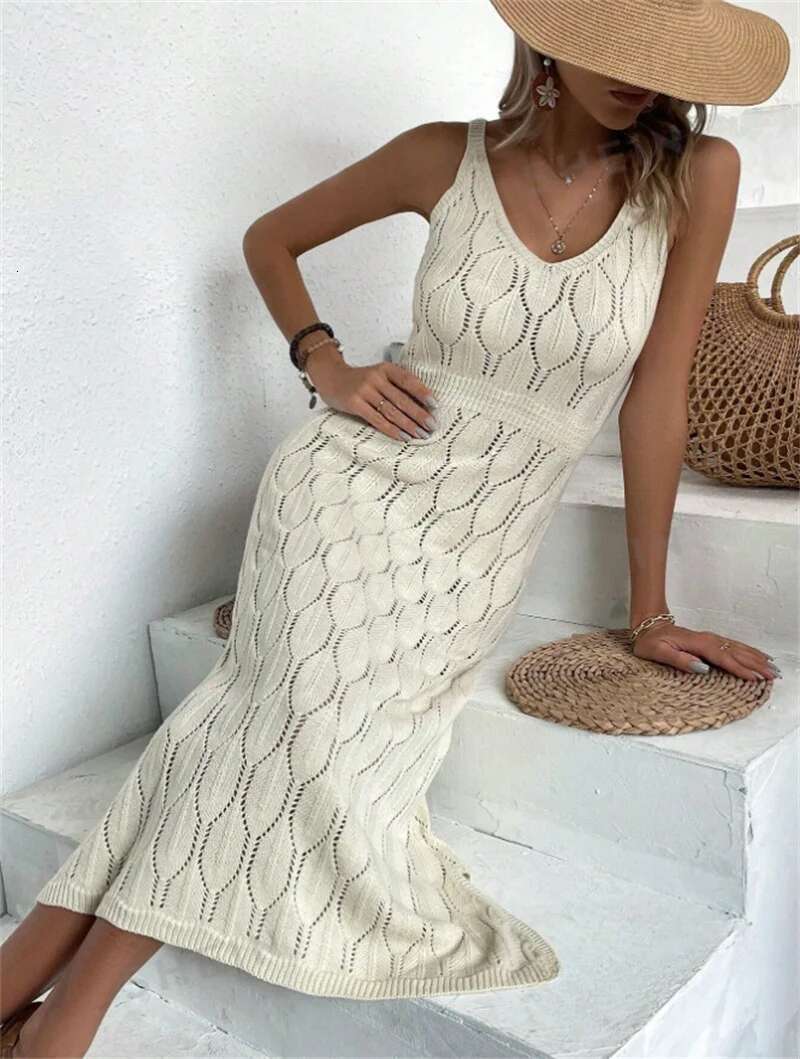 Designer womens dresses maxi dress summer new sexy hollow perspective vacation solid color backless knitted suspender