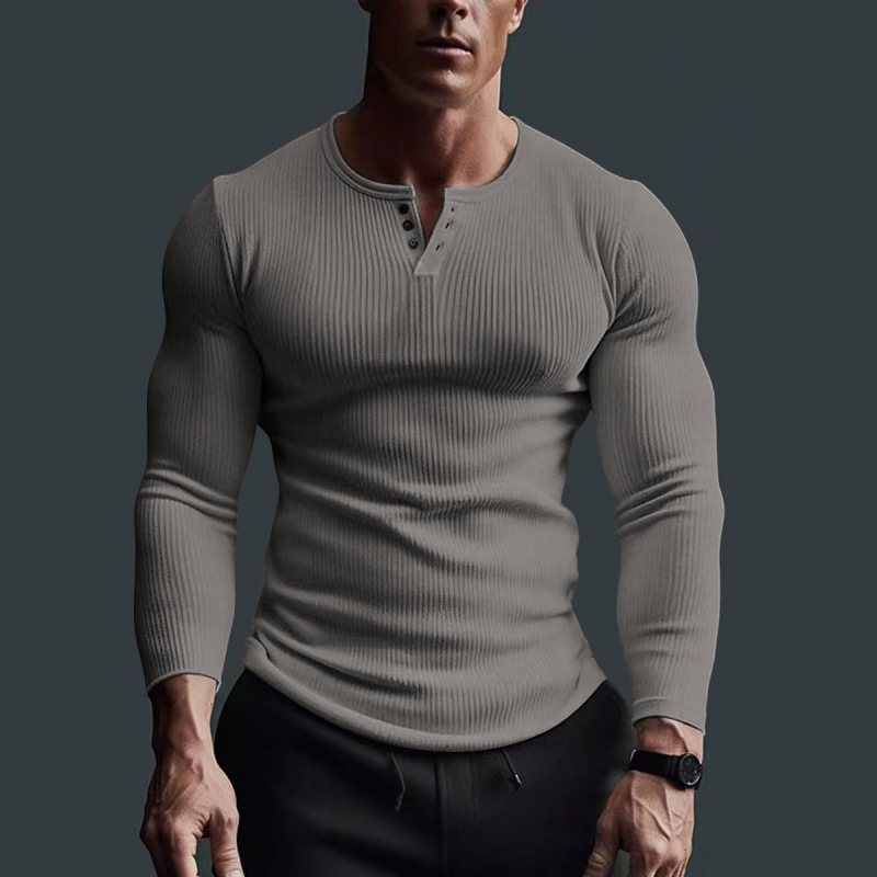 Mens Long sleeved Top Fitness High Elastic Bottom Shirt Mens Stapled V-neck Solid Large Casual T-shirt