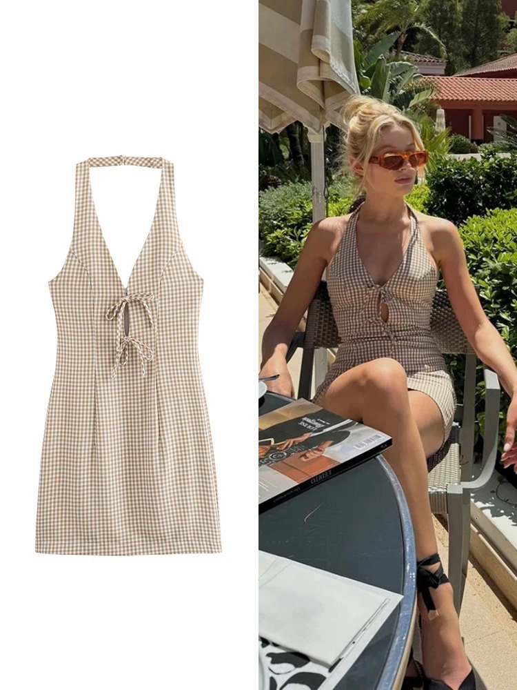 TRAF womens grid printed hanging collar ultrathin dress sexy bow decoration backless mini holiday style party skirt 250414