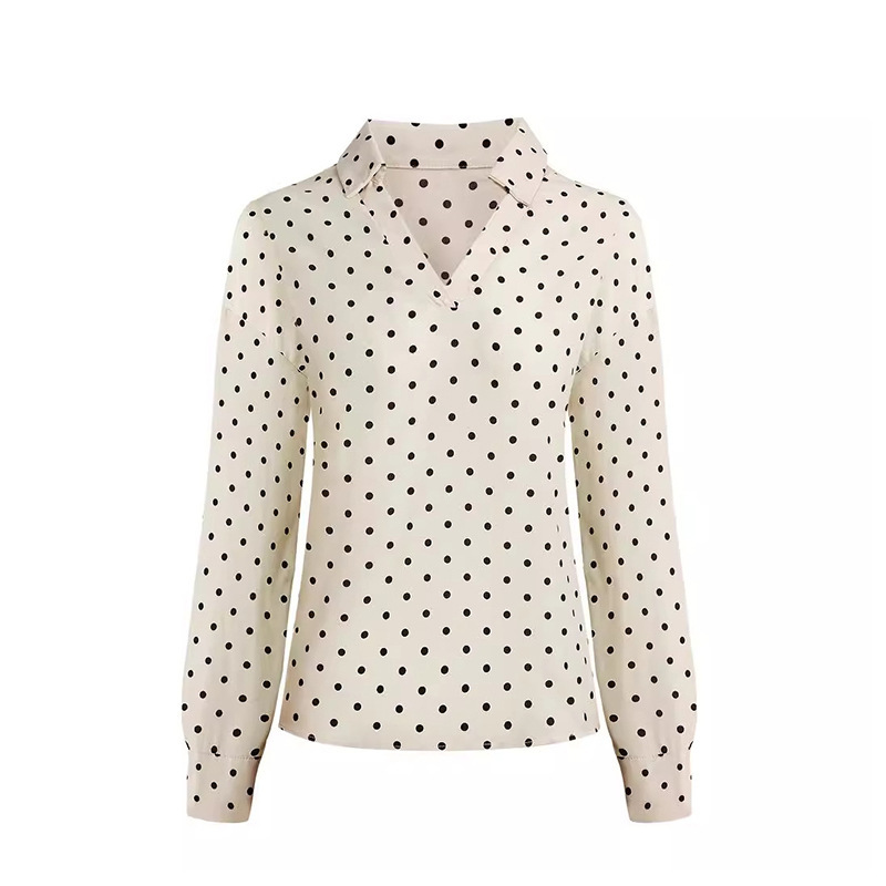 High end V-neck classic black polka dot long sleeved shirt for women spring 2025 new style shirt for women