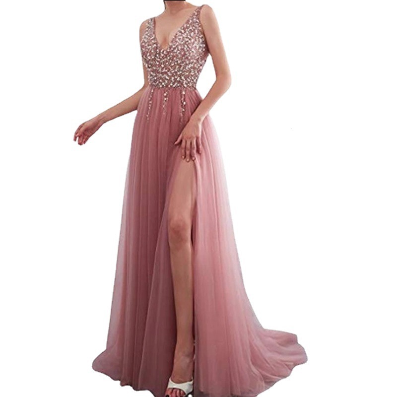2025 New Womens Dress Deep v Sleeveless Slit Sequin Flowing Banquet Evening Gown