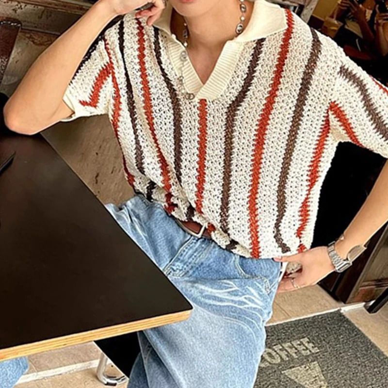 Streetwear Vintage Y2K Mens Tops Spring Summer Stylish Striped Hollow Out Polo Shirt For Men Casual Short Sleeve Lapel T Shirts 250411