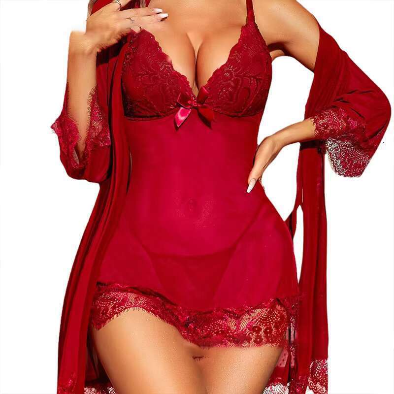 High Quality Valentine's Day Sexy Dresses Sheer Mesh Nightgown Robe With Plus Size Women Pamas Set