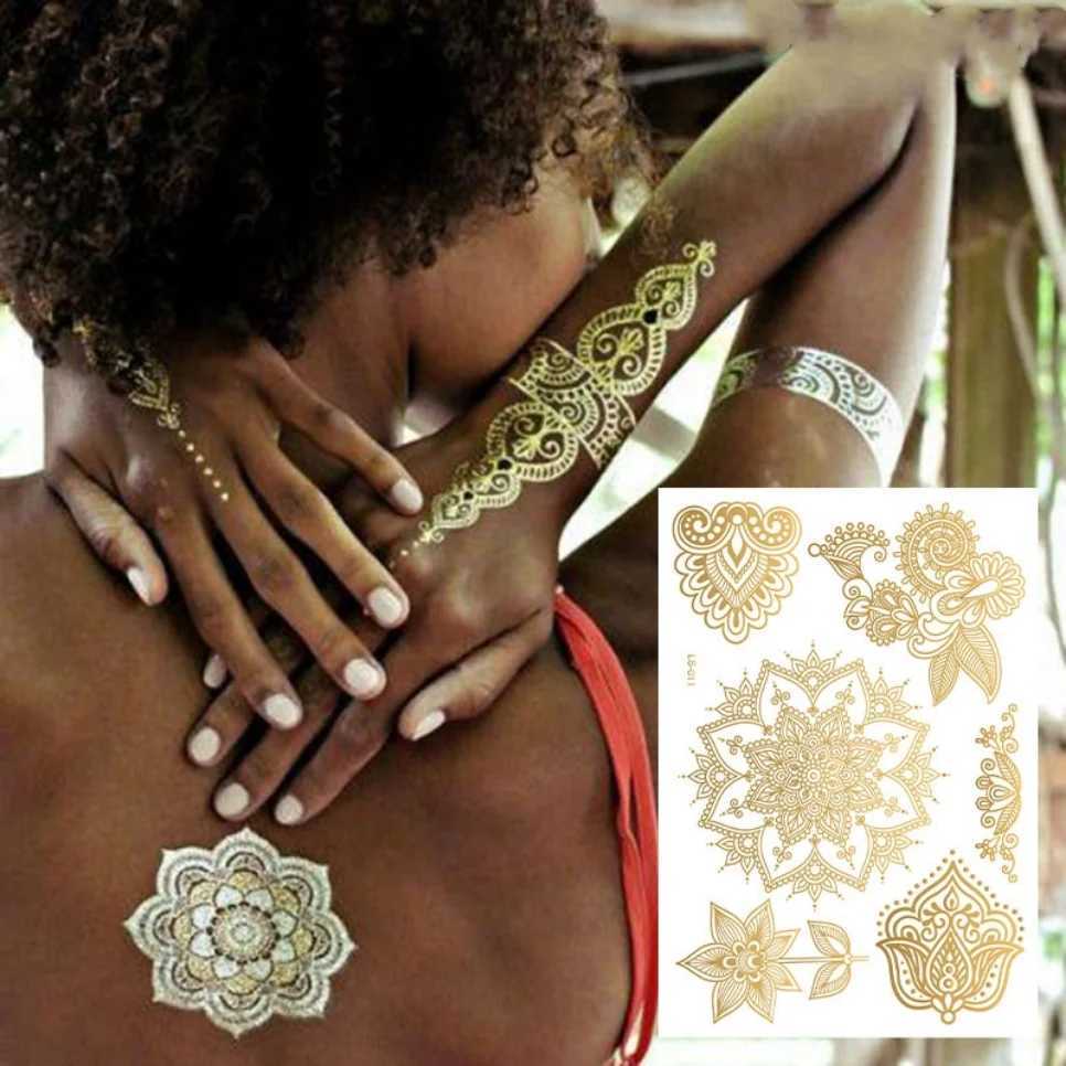 1P metal foil rose gold temporary tattoo sticker art lace bride Mandala water transfer tattoo sticker fake tattoo stickerXJ25414