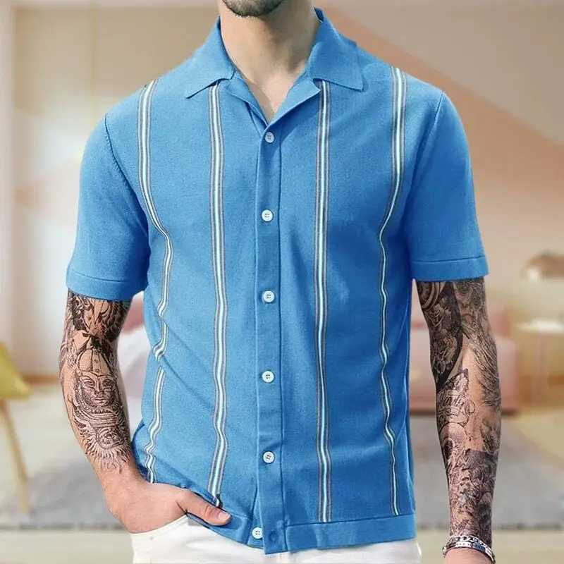 Summer 2025 Cuban collar retro striped polo shirt mens flip collar knitted ice silk short sleeved casual business T-shirt W250414
