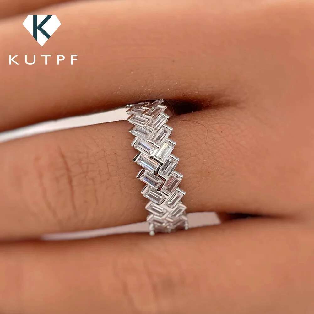 2-Row Baguette Full Moissanite Diamond Eternity Band for Women 925 Sterling Silver Herringbone Cut Wedding Ring Stackable Band