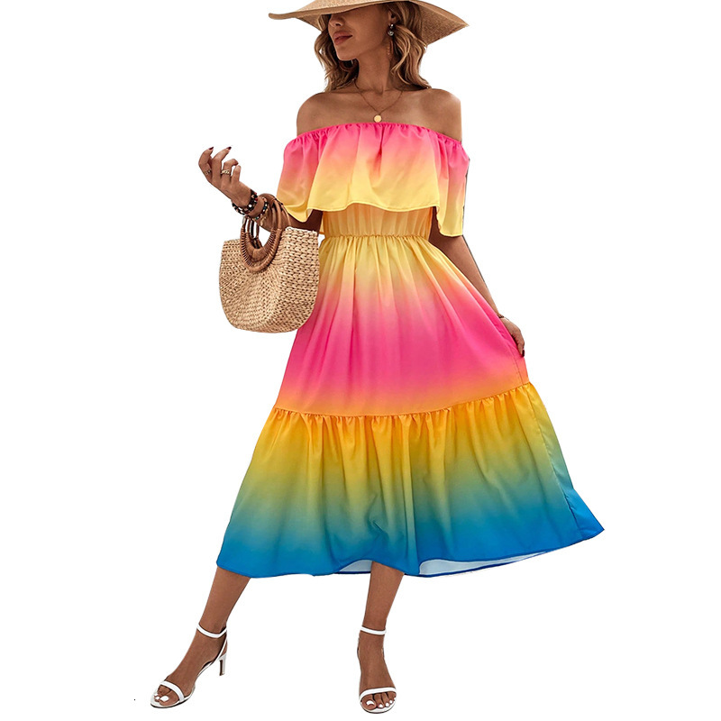 Fashionable and sexy rainbow colored one-piece lotus shoulder dress with pleats and A-line small swing skirt
