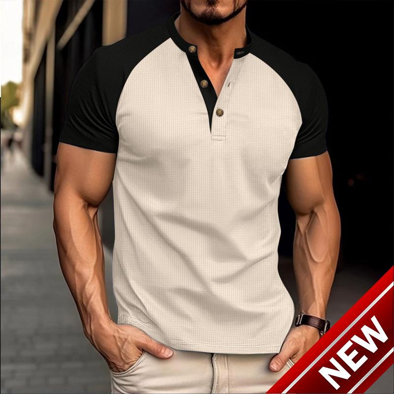 2025 Mens Summer Waffle Round Neck Short sleeved T-shirt with slim fit and breathable pullover for casual short sleeved wear