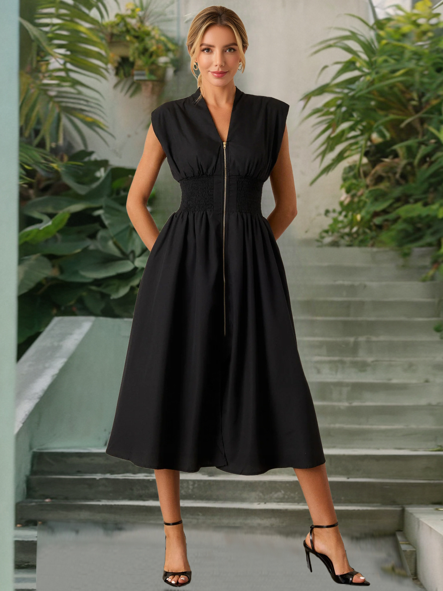 X411Elegant V-Neck Zippered Dress with Flattering Waistline - Pleated Style for Summer 2025 Collection