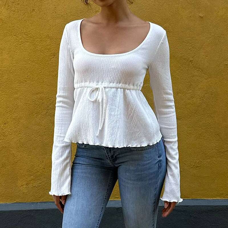 Autumn New Women Streetwear Sexy Sheer Solid Top Fashion Lace-up Long Sleeves Crop O-Neck Casual Slim Versatile T-shirt