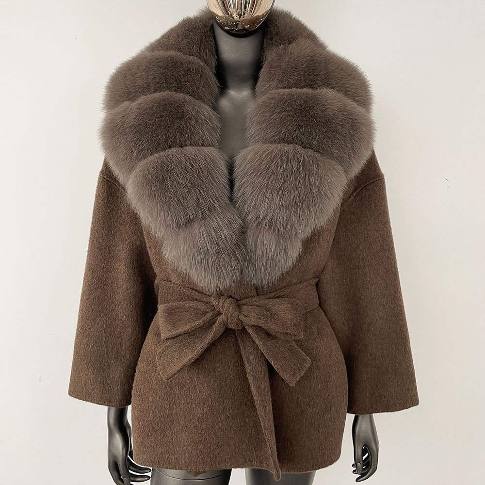 Warm Womens Autumn Winter New Fox Fur Collar Double-Sided Wool Coat Short Elegant Outerwear 241121