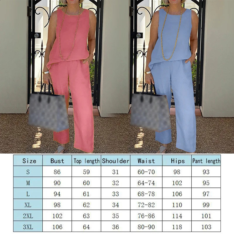 Sleeveless Cotton Linen Womens Tracksuit Suit O-Neck Vest Wide-Leg Loose Pants Set Casual Elegant Ladies 2 Piece Solid Set 250414