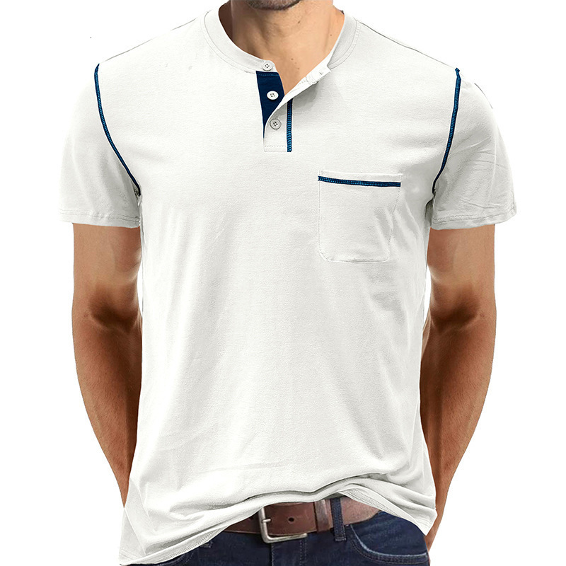 Mens round neck patch pocket cotton blend outdoor short sleeved Henry shirt American mens shirt top