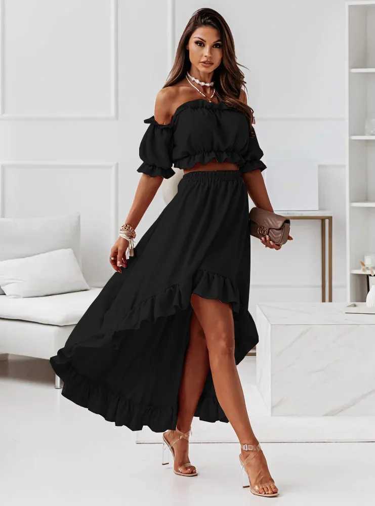 Womens solid color single line collar sexy waist revealing bubble Sve top lotus Le Skirt two-piece set suitable for womenXJ250414