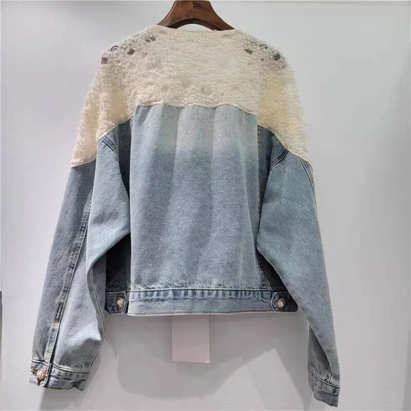 DEAT Women's Denim Coat Patchwork Lace Pearls Elegant Single Breasted Broken Holes Jackets 2025 Summer New Fashion 29A797