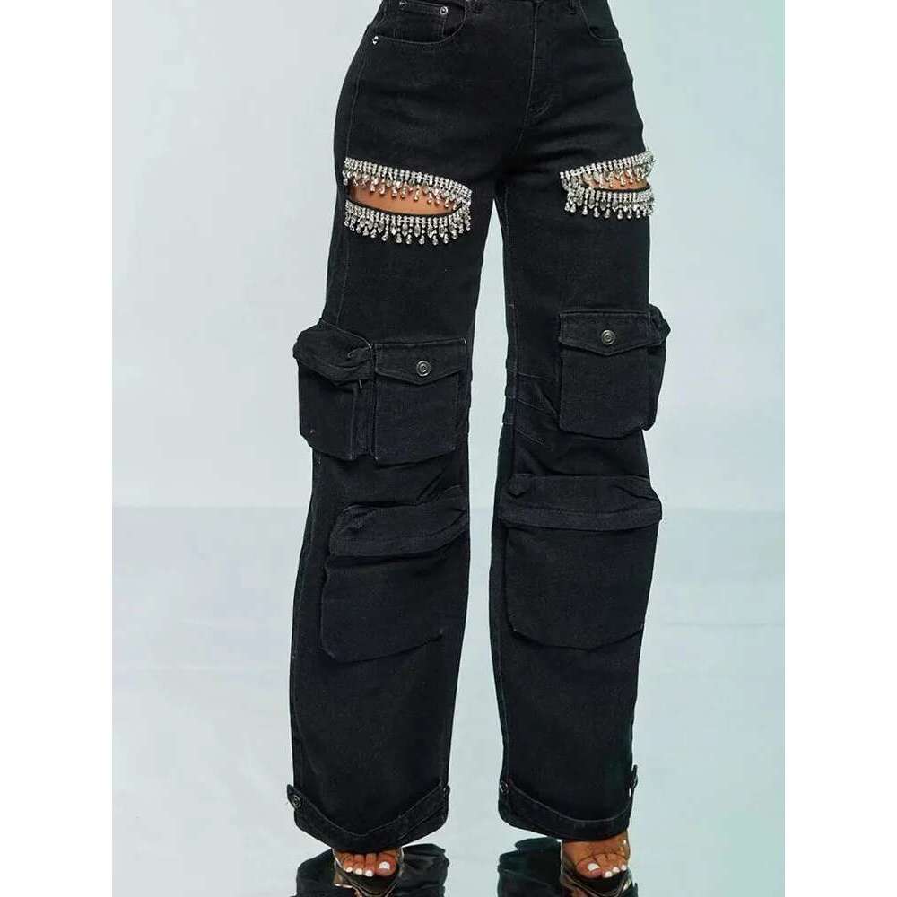 DEAT Fashion Women's Hollowed Out Dia Denim Cargo Pants High Waist Multiple Pockets Elastic Jeans Female 2025 Autumn New