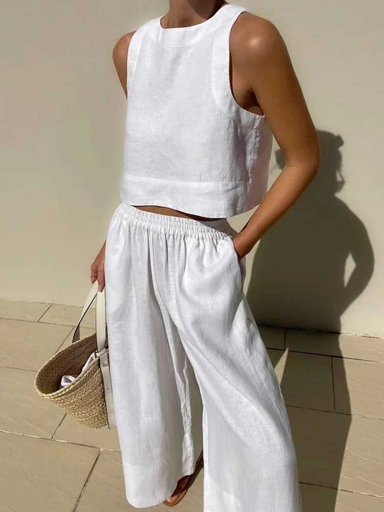 2024 Summer Fashion New Womens Cotton and Hemp Rope Set Round Neck Strapless Shirt Tie Wide Leg Sports Pants Two Piece SetXJ250414
