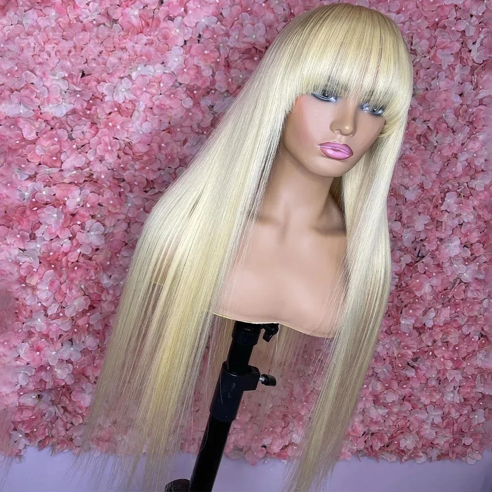 613 Blonde Straight Human Hair Wigs With Bangs 13x4 HD Lace Front Wigs 360 Transparent Lace Frontal Wigs Black Color Glueless Wear And Go For Wemon
