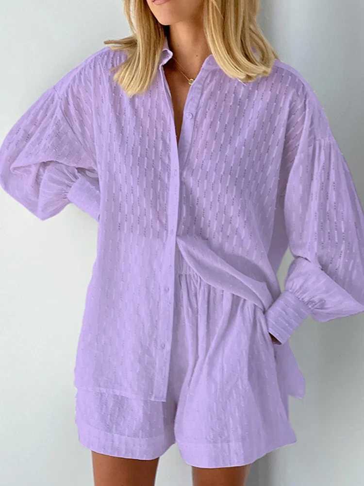 Casual Jacquard Shorts Set Womens Summer Loose Long Sve Shirt 2-piece Set Haian Womens Style Shorts 2-piece SetXJ250414