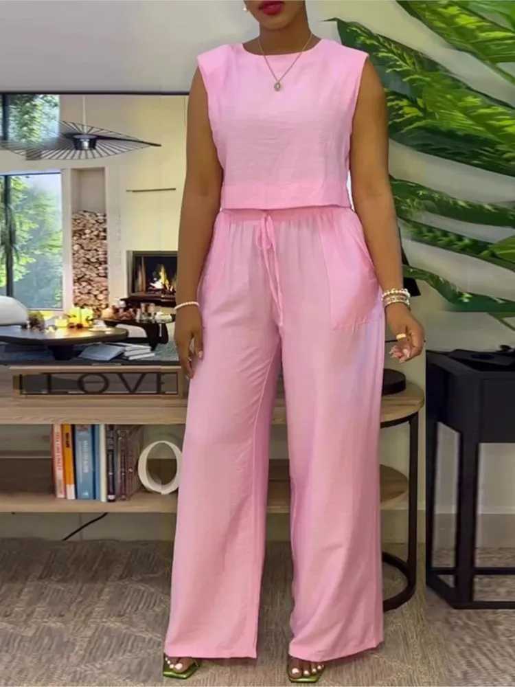 Pants set two-piece set suitable for women casual sleeveless short top wide leg pants fashionable solid set Ele Office womens set summerXJ250414