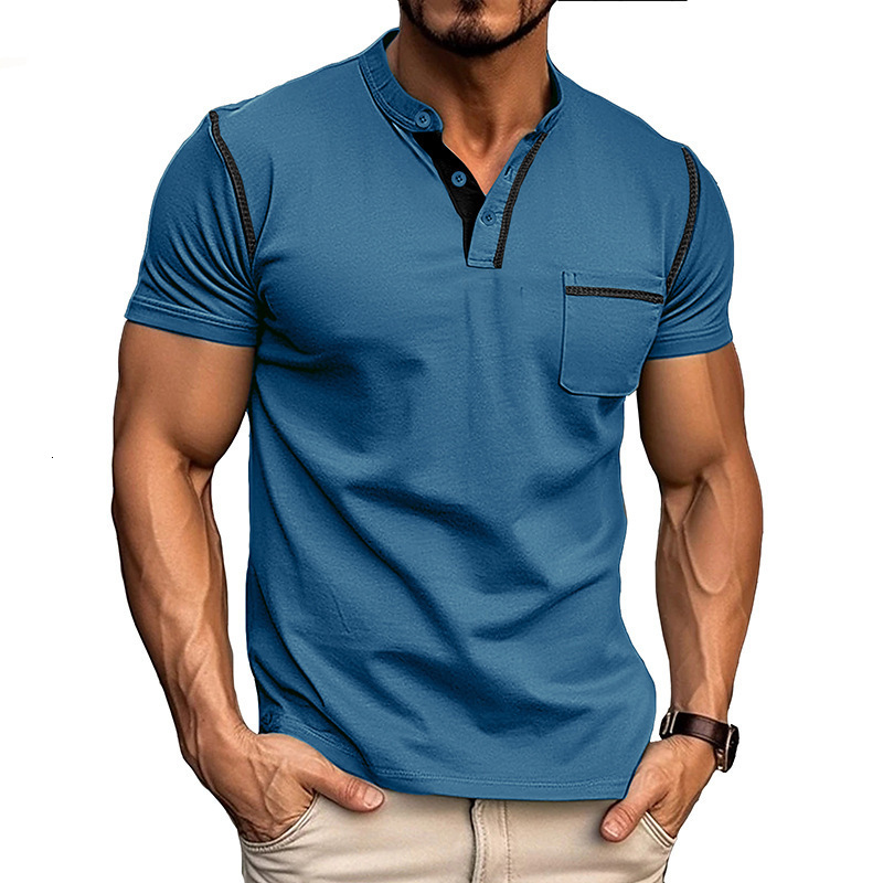 Mens round neck patch pocket cotton blend outdoor short sleeved Henry shirt American mens shirt top