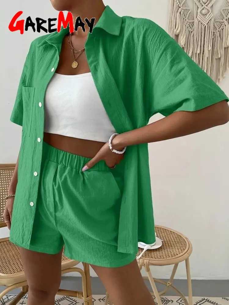 Womens cotton set shorts Sve casual Ele Green Soild two-piece set womens set womens setXJ250414
