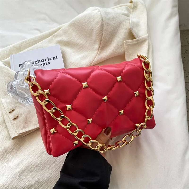 Trendy Chain Shoulder Fashion Plaid Pu Leather Underarm Bags For Women Rivet Flap Lady Handbags Designer Women's Bag