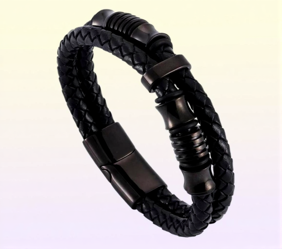 Double Woven Leather Bracelet For Men Punk Jewelry Black Stainless Steel Magnetic Clasp Wristband Fashion Bangles Gifts Bangle
