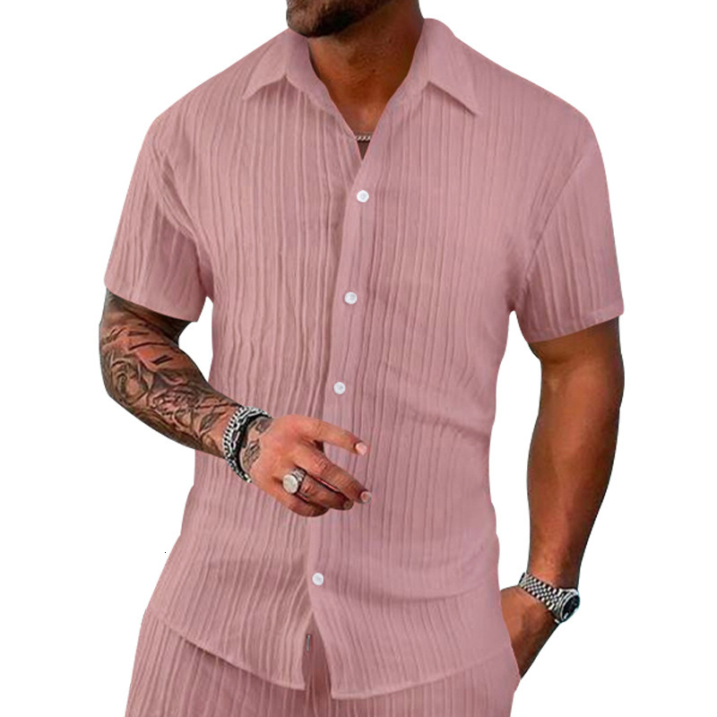 2025 summer collar solid color button men's shirt casual loose short sleeved cardigan beach t-shirt