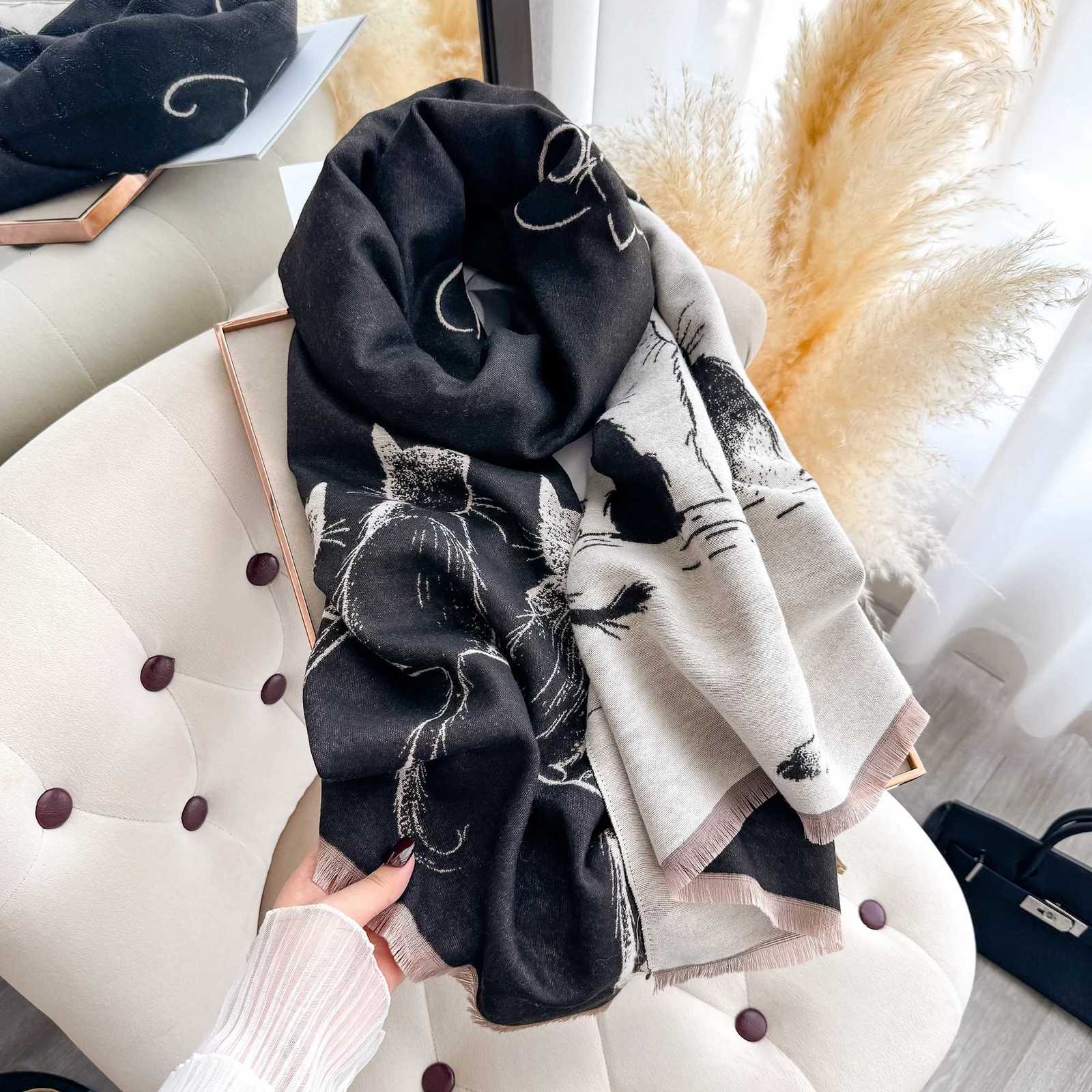 Luxury New Luxury Winter Cashmere Little Cat Print Scarf Women Warm Pashmina Poncho Scarves Fashion Shawl Thick Foulard Bufanda Y251114