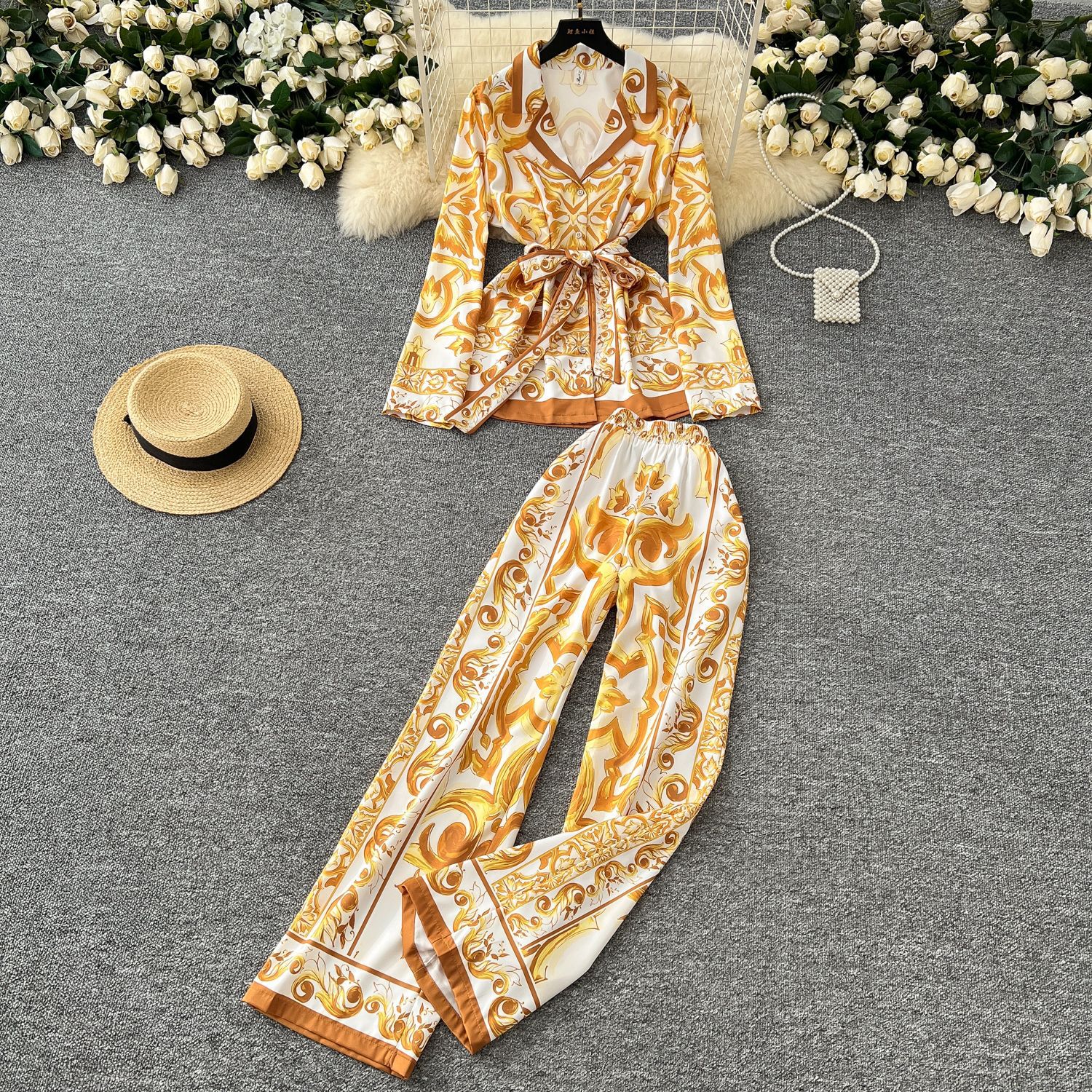 European and American retro fashionable positioning printed strap waist cinched lapel long sleeved top women's high waist wide leg straight leg p