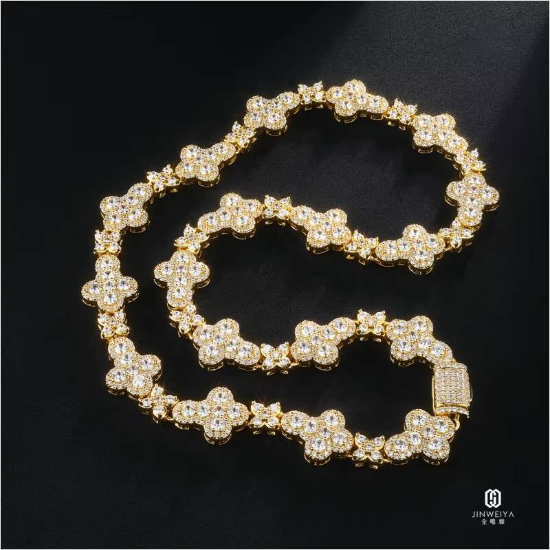 925 Sterling Silver Luxury Fine Jewelry Necklace 10mm Moissanite Cross Link Chain Four Leaf Clover Link Chain