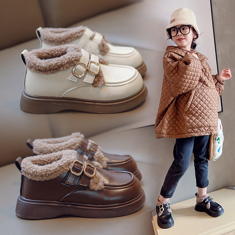 British Style Children Leather Shoes for Girls Winter 2025 Lamb Wool Warm Kidszworld Boys Uniform School Kids Cotton Shoes Plush PU Sizes 23 - 36 K037