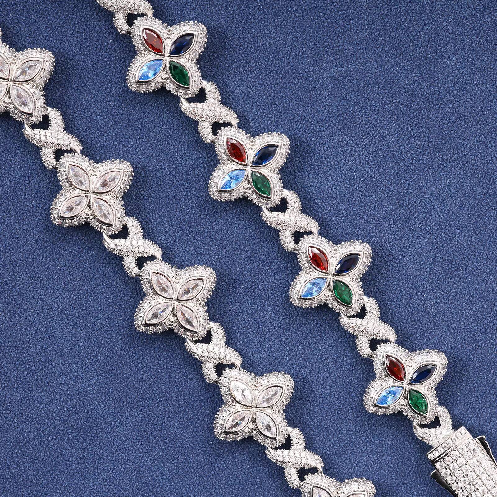 2025 New Arrival Hip Hop Pink White Colorful CZ Clover Bracelet Necklace Brass Iced Out Flower 5A Zircon Cuban Chain for Men