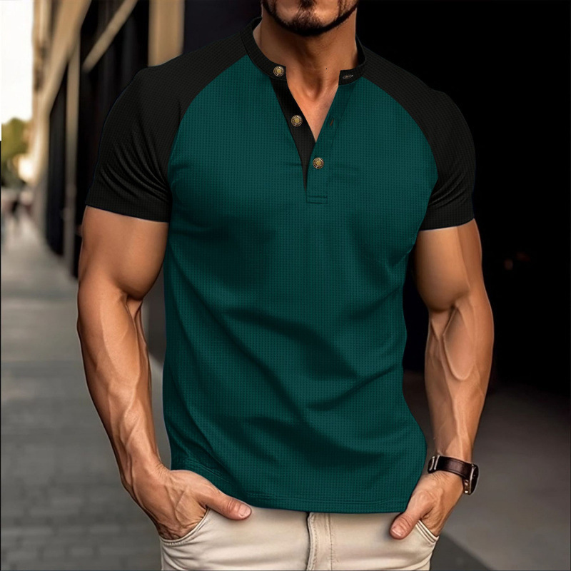 2025 Mens Summer Waffle Round Neck Short sleeved T-shirt with slim fit and breathable pullover for casual short sleeved wear