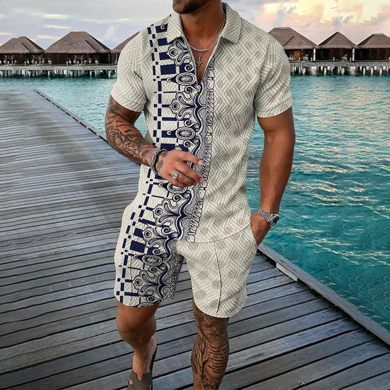 Vintage Mens Suit Fashion Zipper Polo Shirt Shorts Pants Two Piece Set 3D Print Oversize Men Clothing Tracksuit Set Clothing 250409